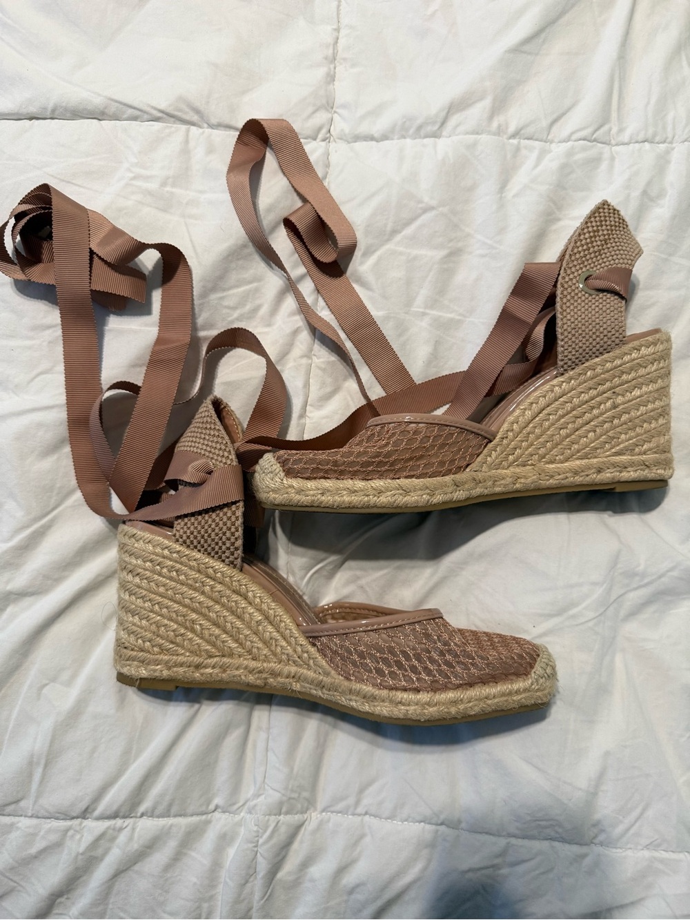 Zara Mauve-Taupe Woven Espadrille Wedge Sandals with Ankle Ties
